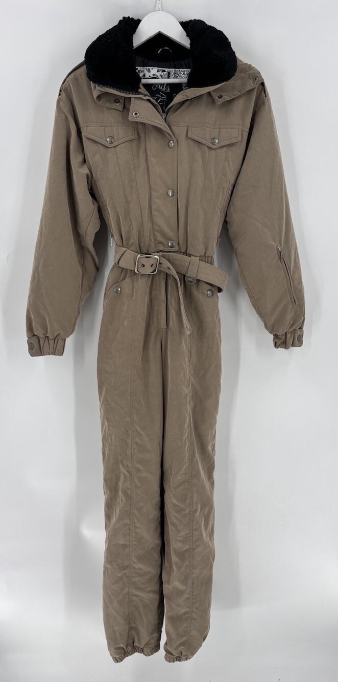 Vintage Nils Ski Snow Suit Jumpsuit Womens 10 Brown Hooded 80s Fleece Collar USA